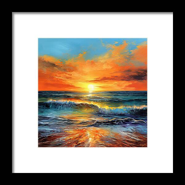 Turquoise Framed Print featuring the painting Sun On A Turquoise Sea - Turquoise and Yellow Art by Lourry Legarde