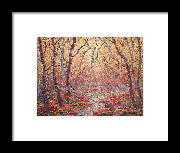 Painting Framed Print featuring the painting Sun Rays Through The Trees. by Leonard Holland