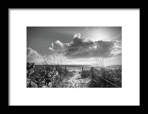 Clouds Framed Print featuring the photograph Sunbeams on the Dunes in Black and White by Debra and Dave Vanderlaan