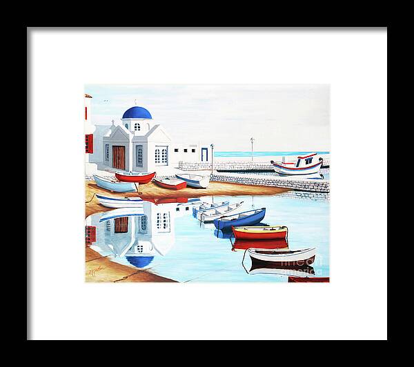 Mykonos Framed Print featuring the painting SUNDAY, MORNING, MYKONOS BAY - Prints of Oil Painting by Mary Grden