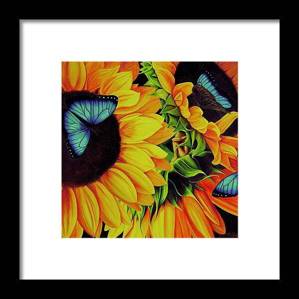 Kim Mcclinton Framed Print featuring the painting Blue Morpho Sunflower Dream by Kim McClinton