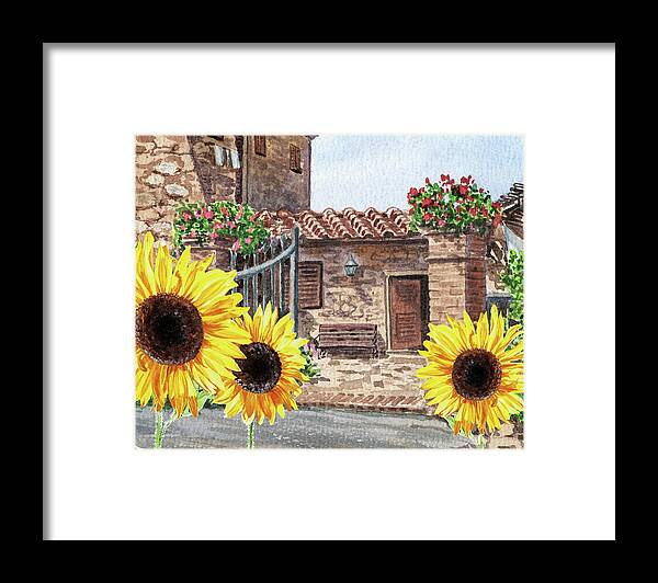Sunflowers Framed Print featuring the painting Sunflowers Of Tuscany Italy Vintage Town House In The Hills Watercolor by Irina Sztukowski