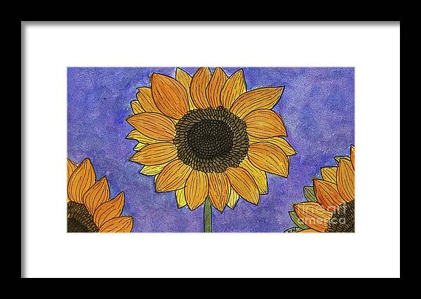 Sunflowers Framed Print featuring the mixed media Sunflowers on Blue by Lisa Neuman