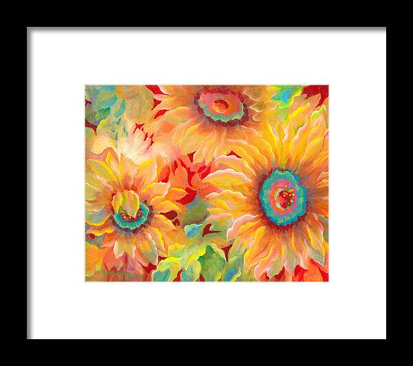 Acrylic Painting Framed Print featuring the painting Sunflowers on Red by Ann Nicholson