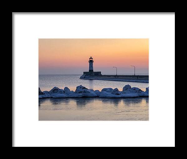  Lake Superior Framed Print featuring the photograph Sunrise at North Pier Lighthouse by Susan Rydberg