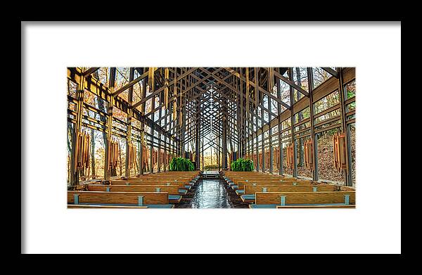 America Framed Print featuring the photograph Sunrise at Thorncrown Chapel - Panoramic Architecture by Gregory Ballos