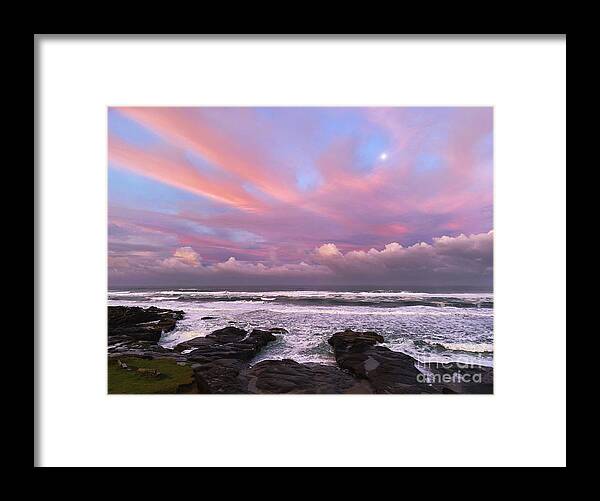 Oregon Coast Framed Print featuring the photograph Sunrise, Moonset by Jeanette French