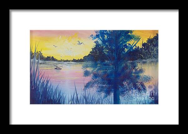 Fisherman Framed Print featuring the painting Sunrise on the Lake by Saundra Johnson