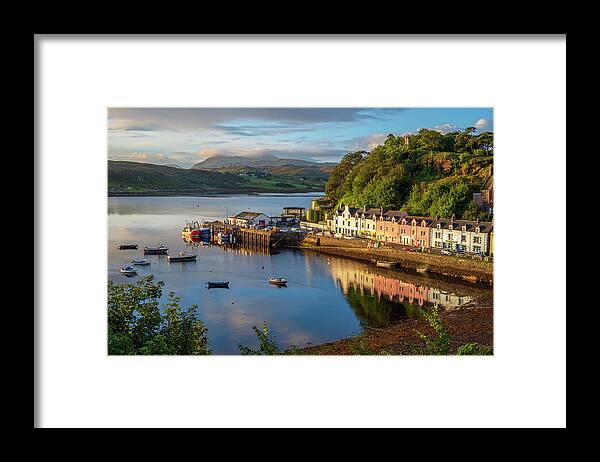 Sea Framed Print featuring the photograph Sunrise over Portree Harbor, UK by Dubi Roman