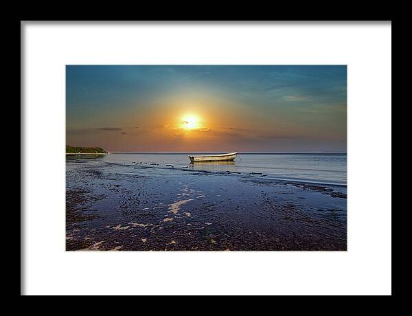 Sunset Beauty Framed Print featuring the photograph Tranquil Sunset And Boat Jurmala by Aleksandrs Drozdovs