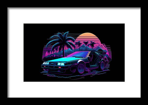 Synthwave Framed Print featuring the digital art Sunset and Delorean by Quik Digicon Art Club