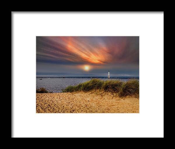Northernmichigan Framed Print featuring the photograph Sunset at Betsie Harbor Entrance IMG_3653 by Michael Thomas