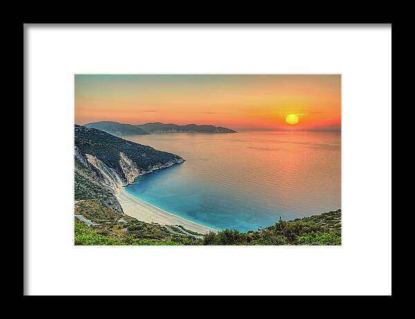 Myrtos Framed Print featuring the photograph Sunset at Myrtos in Kefalonia, Greece by Constantinos Iliopoulos