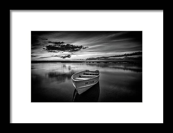 Maine; Scarborough; Cumberland; Dinghy; Harbor; Nonesuch; River; Coastal; Sunset; Water; Reflection; Cloud; Color; Orange; Pink; Blue; Purple; Boat; Lobster; Fishing; Fisherman; Dusk; Anchor; Moored; Mooring Framed Print featuring the photograph Sunset at Pine Point Monochrome by Rick Berk