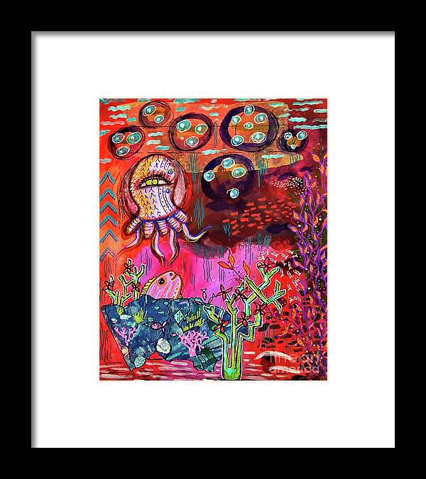 Outsider Art Framed Print featuring the mixed media Sunset at the Bottom of the Ocean by Mimulux Patricia No