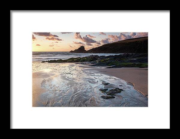 England Framed Print featuring the photograph Sunset at Trevone Bay, North West Cornwall, England, UK by Sarah Howard