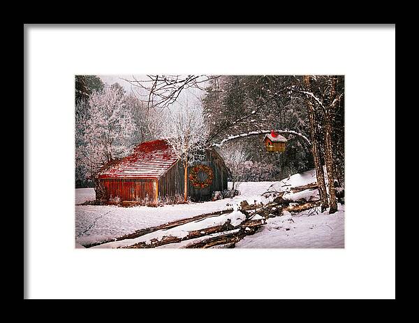 Barn Framed Print featuring the photograph Sunset Barn in the Snow by Debra and Dave Vanderlaan