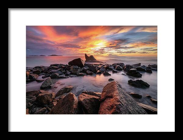 Rocks Framed Print featuring the photograph Sunset beach by Erika Valkovicova