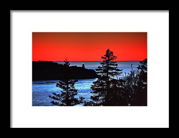 Sunset Board Head Gulls Seas Gulls Perching Scavengers Sunsets Petit Passage Boast Boats At Nigh Ferry Car Ferry Passing Sea Water Fishing Fishing Boats Birds Nova Scotia Ocean Sunsets Sunrise Red Skies Red Sky At Night Lighthouses Cliffs Rocks Trees Conifers Framed Print featuring the photograph Sunset Board Head by David Matthews