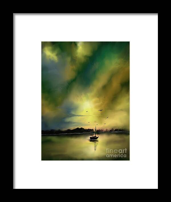 Sailboat Framed Print featuring the digital art Sunset green sailboat by Darren Cannell