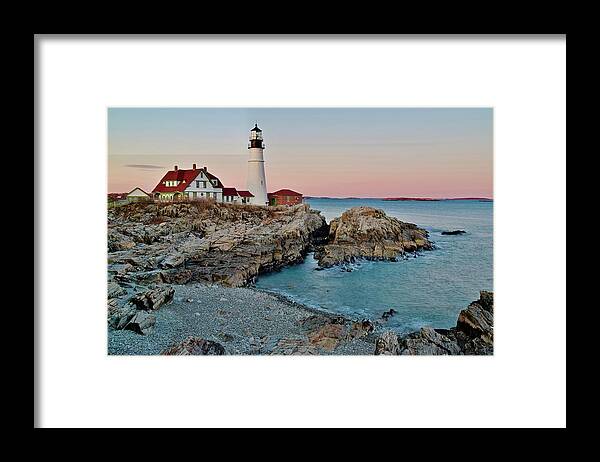 Lighthouse Framed Print featuring the photograph Sunset in Cape Elizabeth Maine by Frozen in Time Fine Art Photography