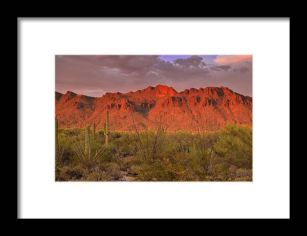 Tucson Framed Print featuring the photograph Sunset light on the Tucson Mountains, Arizona by Chance Kafka