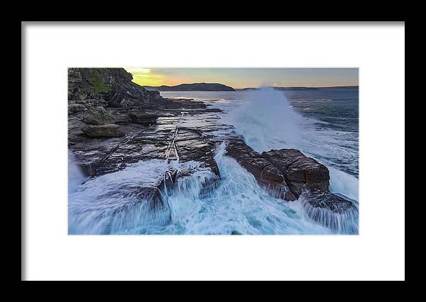 Beach; Sea; Blue; Beautiful; Nature Background; Seascape; Water; Landscape; Rocks; Cliffs; Rock Pool; Tourism; Travel; Summer; Holidays; Sea; Surf; Palm Beach Framed Print featuring the photograph Sunset Near Palm Beach No 5 by Andre Petrov