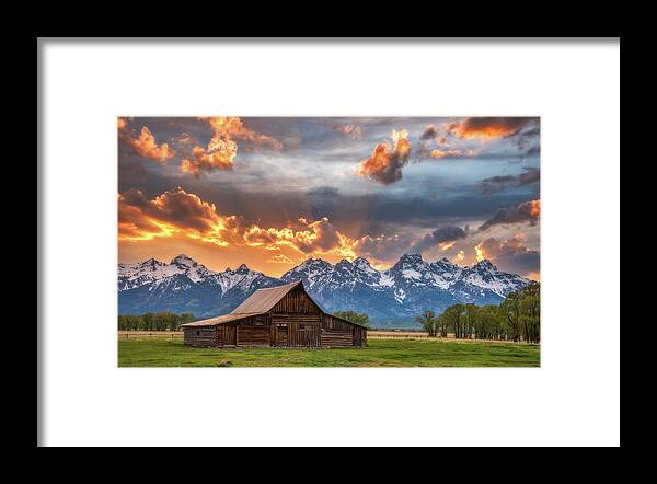 Sunset Framed Print featuring the photograph Sunset on Fire - Moulton Barn by Darren White