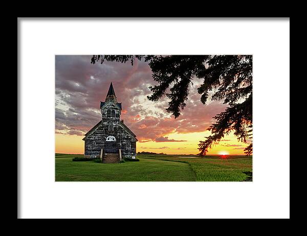 Church Framed Print featuring the photograph Sunset on the Big Coulee #3 Church - Abandoned Rural ND Lutheran church by Peter Herman