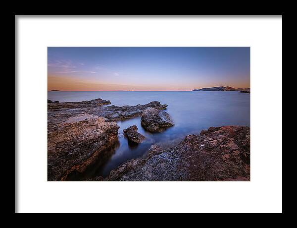 Seascape Framed Print featuring the photograph Sunset on the Rocks by Rick Deacon