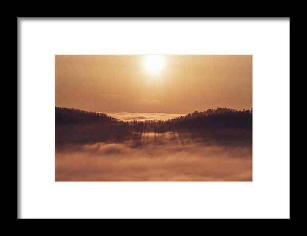 Palkovicke Hurky Framed Print featuring the photograph Sunset over a sea of clouds by Vaclav Sonnek