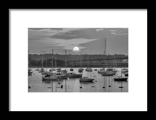 Salem Framed Print featuring the photograph Sunset over Salem Harbor Salem Beverly bridge Black and White by Toby McGuire