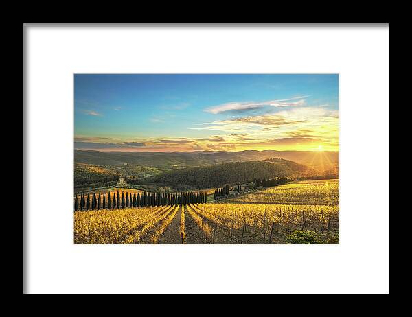 Chianti Framed Print featuring the photograph Sunset over the Vineyards of Radda in Chianti by Stefano Orazzini