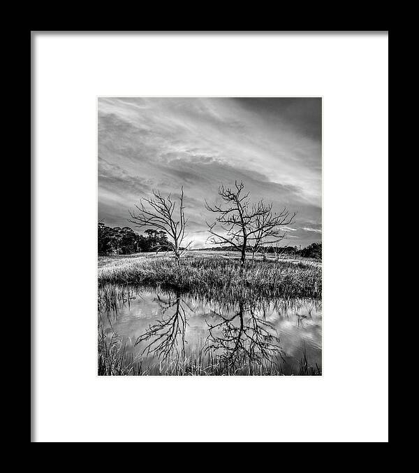 Clouds Framed Print featuring the photograph Sunset Salty Marsh at Jekyll Island Black and White by Debra and Dave Vanderlaan