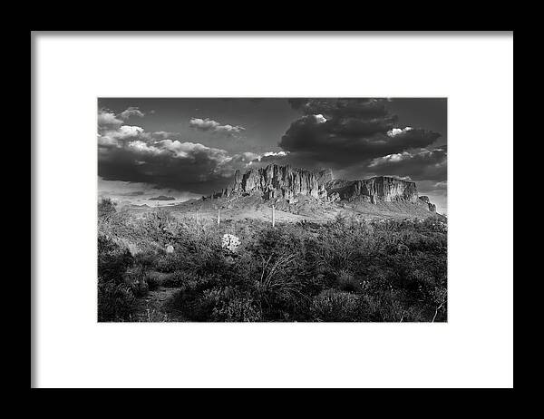 Superstition Mountains Framed Print featuring the photograph Superstition Mountains Black and White by Chance Kafka