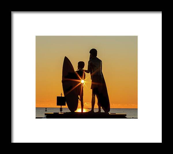 Virginia Beach Framed Print featuring the photograph Surfer Silhouette at Sunrise by Donna Twiford