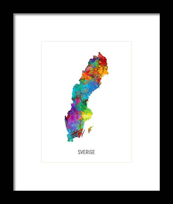 Sverige Framed Print featuring the digital art Sverige Watercolor Map by Michael Tompsett