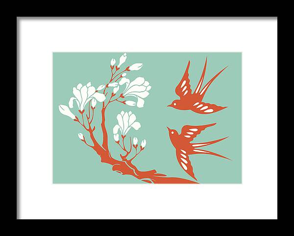 Chinese Culture Framed Print featuring the drawing Swallows & Magnolia by BingoPixel