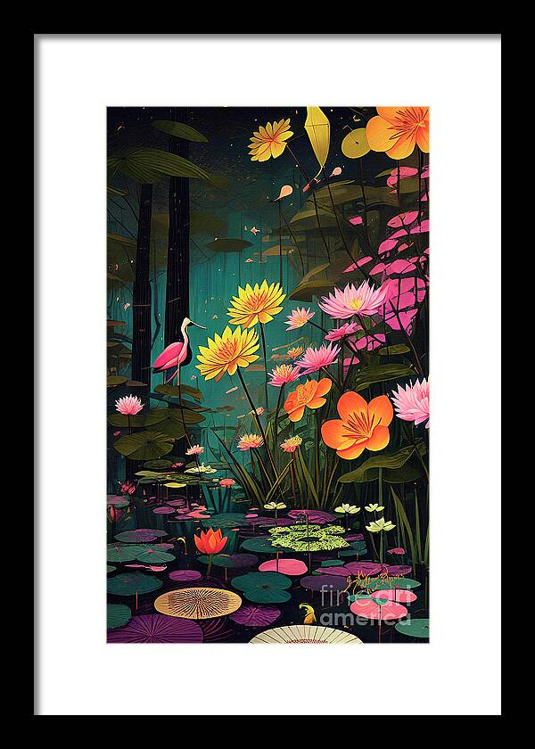 Magical Nature Framed Print featuring the digital art Swamp Magic Flowers Birds Black Water Lily Pads by Ginette Callaway