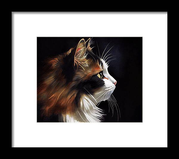 Calico Cat Framed Print featuring the digital art Sweet Calico Cat In Profile by Mark Tisdale