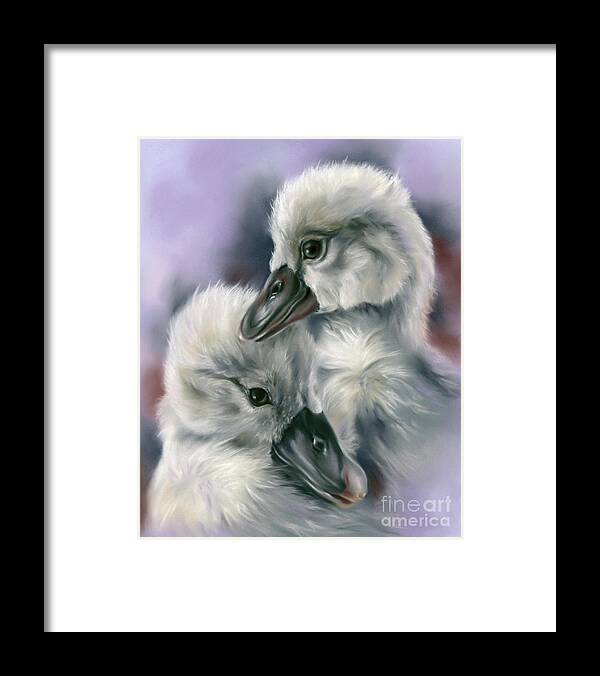 Bird Framed Print featuring the painting Sweet Cygnet Pair on Purple by MM Anderson