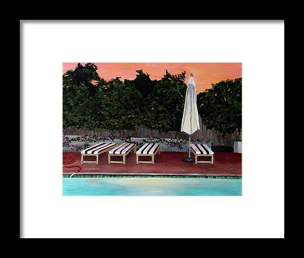 Dusk Framed Print featuring the painting Swimming Pool at Twilight Painting by Linda Queally by Linda Queally