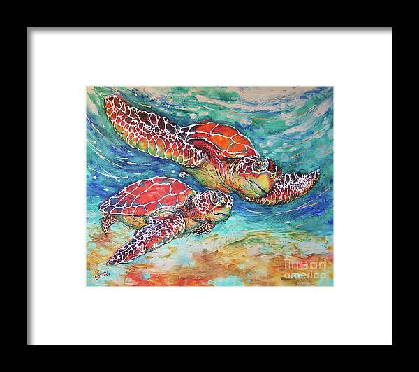  Framed Print featuring the painting Splendid Sea Turtles by Jyotika Shroff