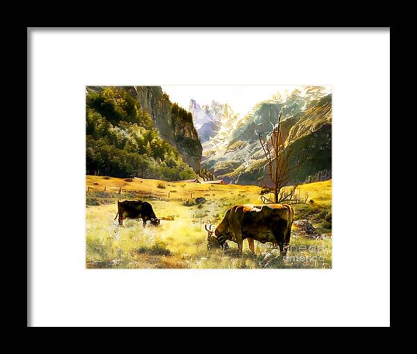 Wingsdomain Framed Print featuring the photograph Swiss Cattle in the Alps in Traditional Golden Light 20210215 v2 by Wingsdomain Art and Photography