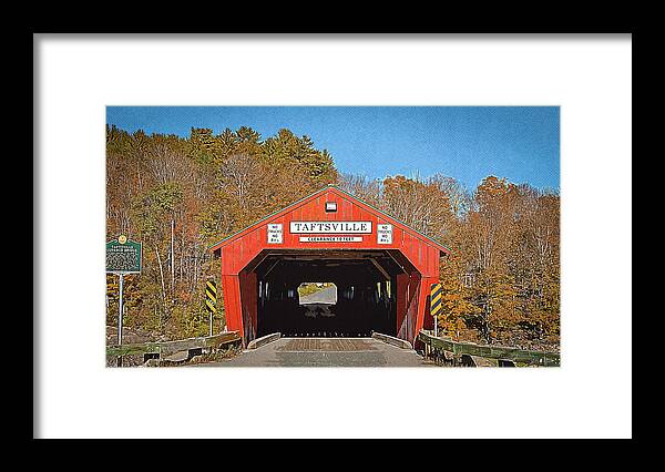Taftsville Covered Bridge Vermont Framed Print featuring the digital art Taftsville Covered Bridge Retro Style by Dan Sproul