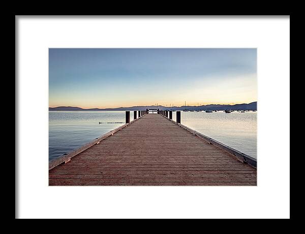 Lake Tahoe Framed Print featuring the photograph Lake Tahoe Sunrise at Dock by Gary Geddes