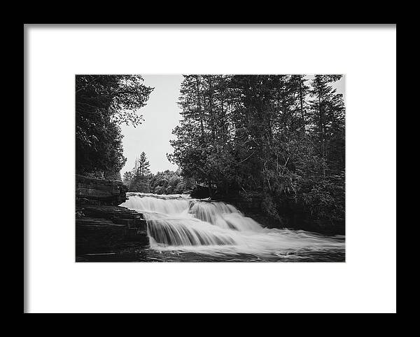 Tahquamenon Falls Black And White Lower Falls Framed Print featuring the photograph Tahquamenon Falls Lower Black And White by Dan Sproul