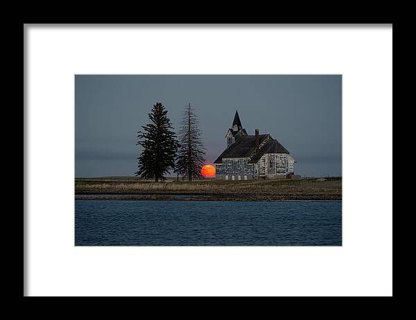Nd Framed Print featuring the photograph Take the Red Pill - Moonrise at the Big Coulee - Abandoned rural ND church with lake by Peter Herman