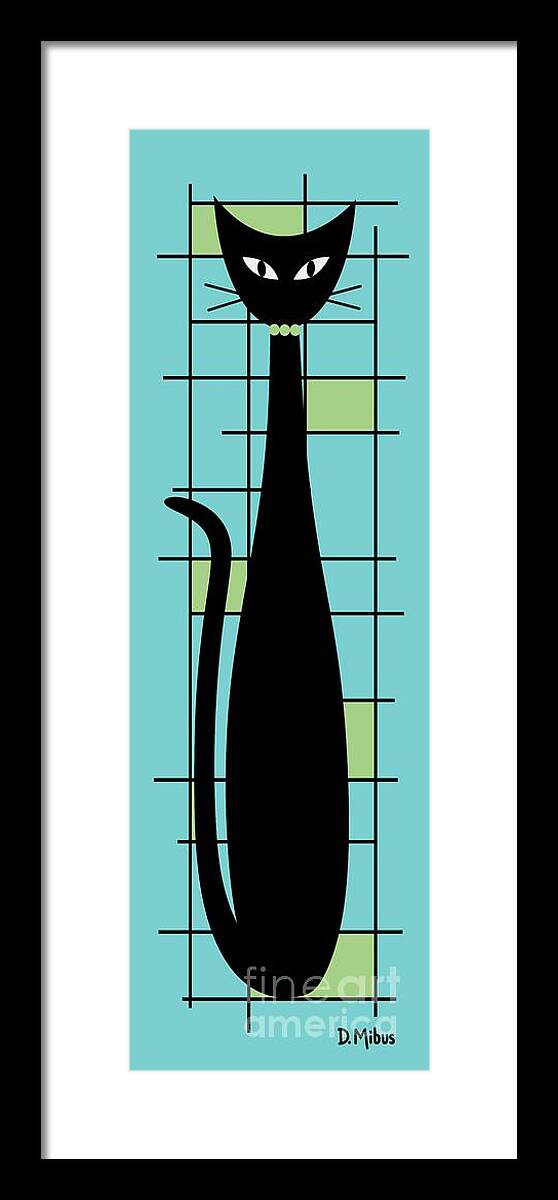 Mid Century Modern Cat Framed Print featuring the digital art Tall Mondrian Cat on Blue by Donna Mibus
