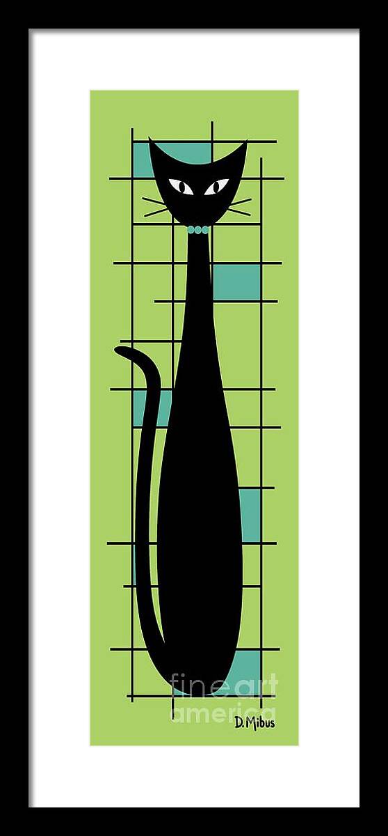 Mid Century Modern Cat Framed Print featuring the digital art Tall Mondrian Cat on Green by Donna Mibus